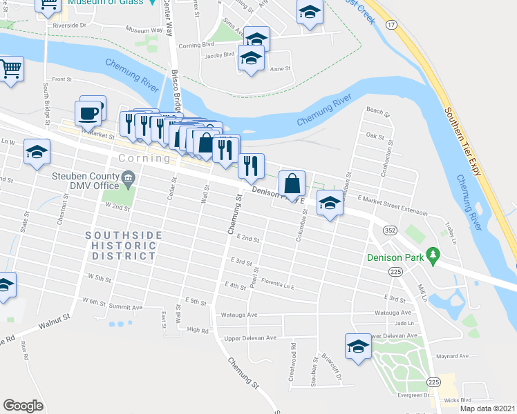 map of restaurants, bars, coffee shops, grocery stores, and more near 176 Denison Parkway East in Corning