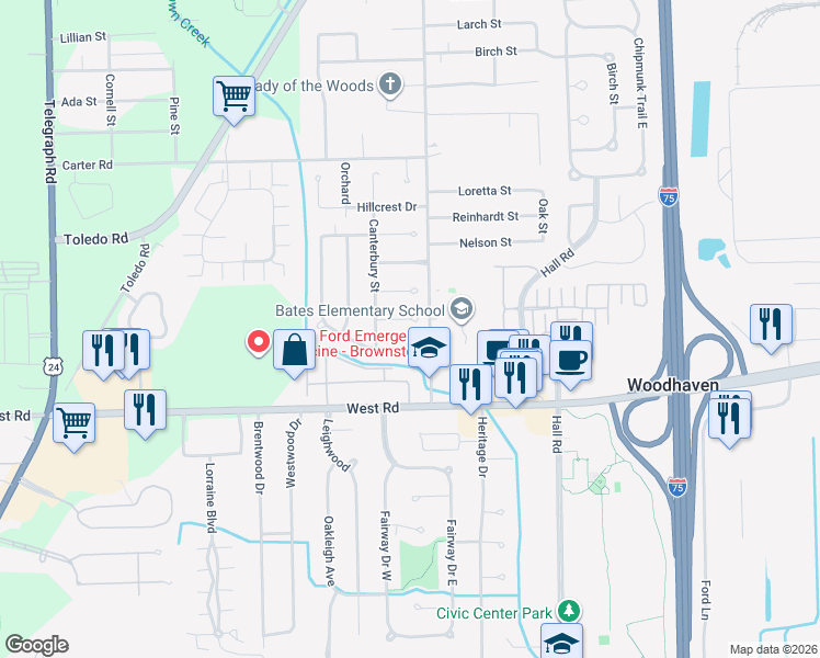map of restaurants, bars, coffee shops, grocery stores, and more near 22408 Old Mill Court in Trenton