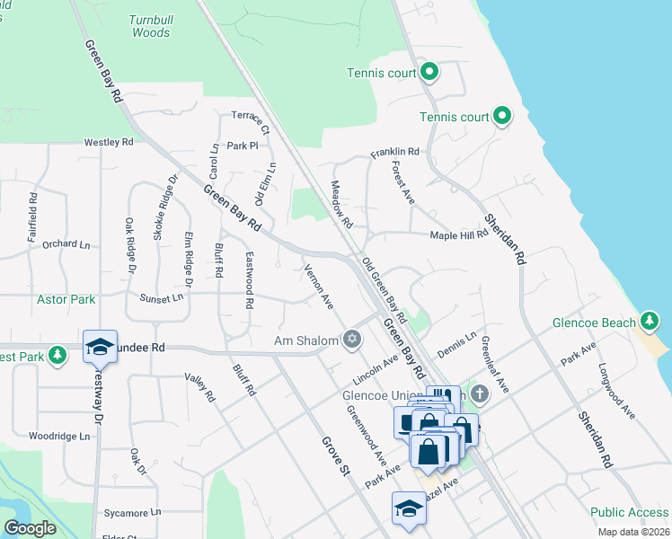 map of restaurants, bars, coffee shops, grocery stores, and more near 958d Green Bay Road in Glencoe