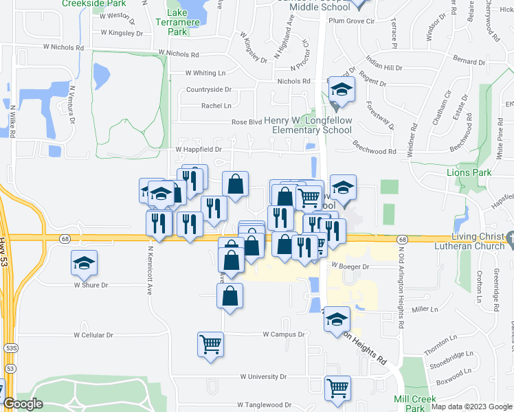 map of restaurants, bars, coffee shops, grocery stores, and more near 830 Trace Drive in Buffalo Grove