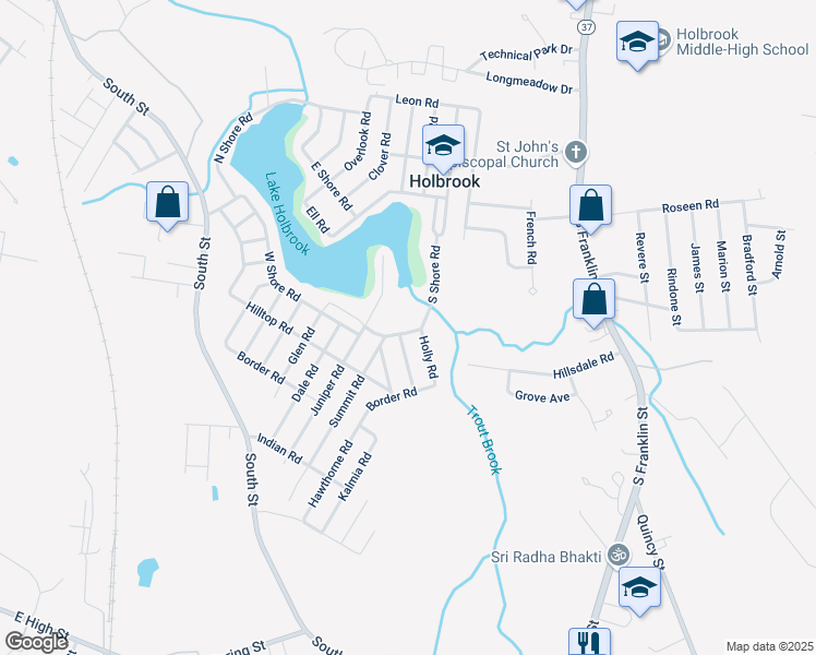 map of restaurants, bars, coffee shops, grocery stores, and more near 2 Summit Road in Holbrook