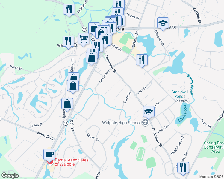 map of restaurants, bars, coffee shops, grocery stores, and more near 43 Riverside Place in Walpole