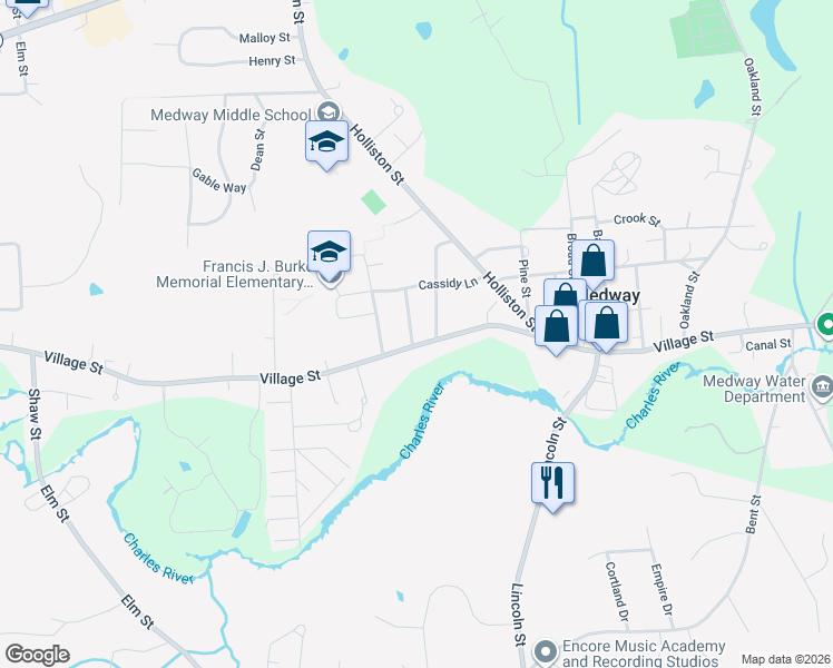 map of restaurants, bars, coffee shops, grocery stores, and more near 212 Village Street in Medway