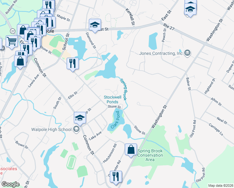 map of restaurants, bars, coffee shops, grocery stores, and more near Delcor Drive in Walpole