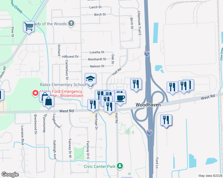 map of restaurants, bars, coffee shops, grocery stores, and more near 23071 Fairlane Boulevard in Woodhaven