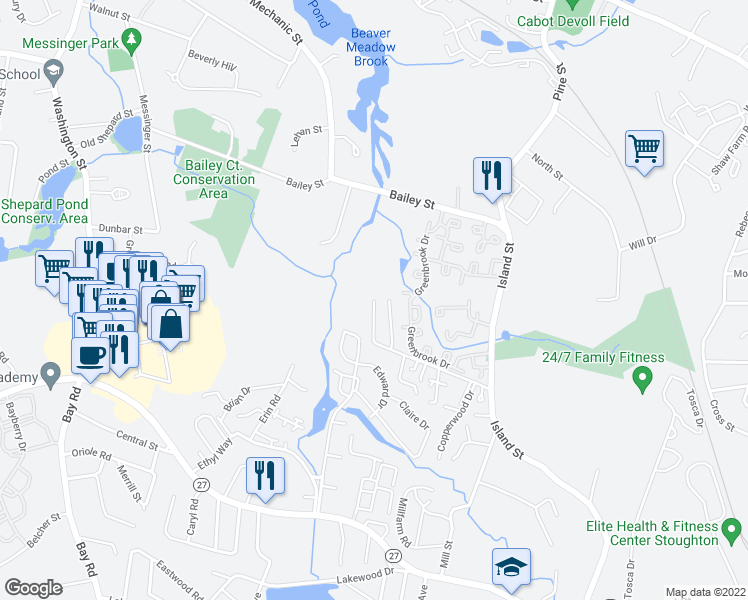 map of restaurants, bars, coffee shops, grocery stores, and more near 198 Copperwood Drive in Stoughton