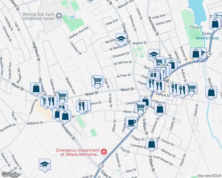 map of restaurants, bars, coffee shops, grocery stores, and more near 1 Cherry Street in Milford
