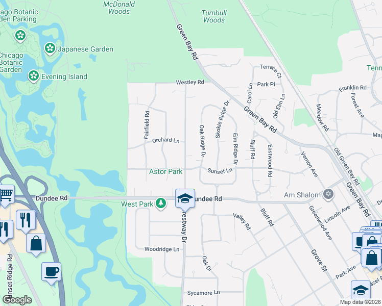 map of restaurants, bars, coffee shops, grocery stores, and more near 1100 Oak Ridge Drive in Glencoe