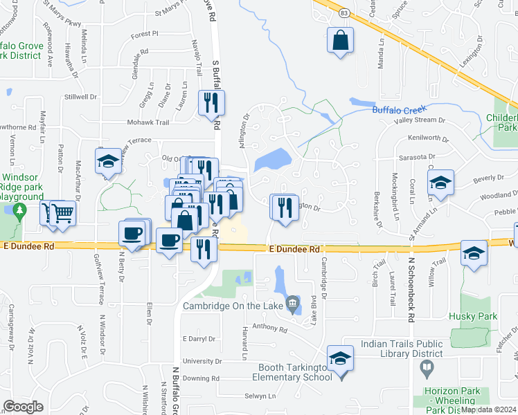 map of restaurants, bars, coffee shops, grocery stores, and more near 1629 Arlington Drive in Wheeling