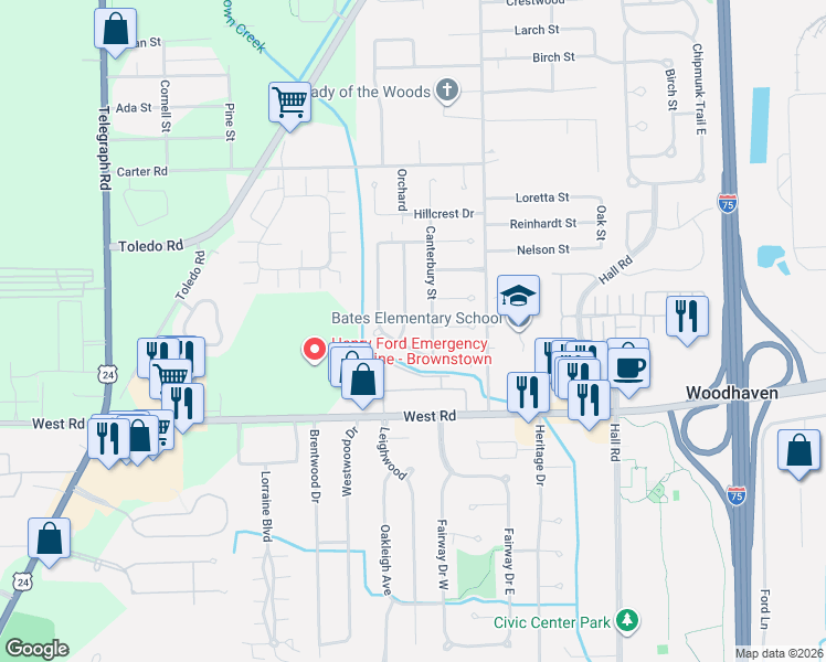 map of restaurants, bars, coffee shops, grocery stores, and more near 22539 Devonshire Street in Trenton