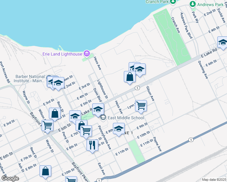 map of restaurants, bars, coffee shops, grocery stores, and more near 425 Hess Avenue in Erie