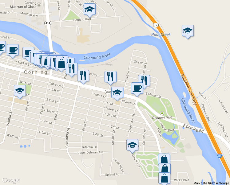 map of restaurants, bars, coffee shops, grocery stores, and more near 285 Denison Parkway East in Corning