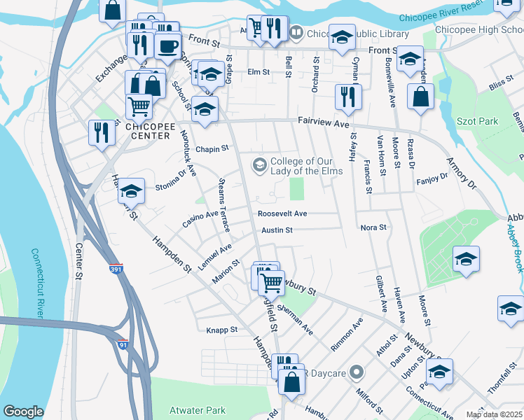 map of restaurants, bars, coffee shops, grocery stores, and more near 20 Roosevelt Avenue in Chicopee