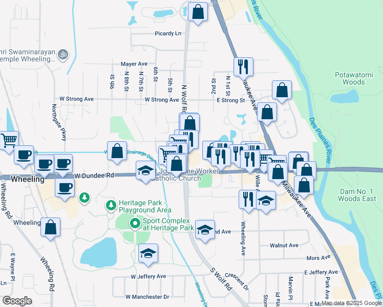 map of restaurants, bars, coffee shops, grocery stores, and more near 77 North Wolf Road in Wheeling