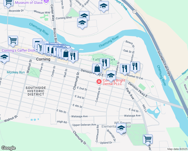 map of restaurants, bars, coffee shops, grocery stores, and more near 218 Denison Parkway East in Corning
