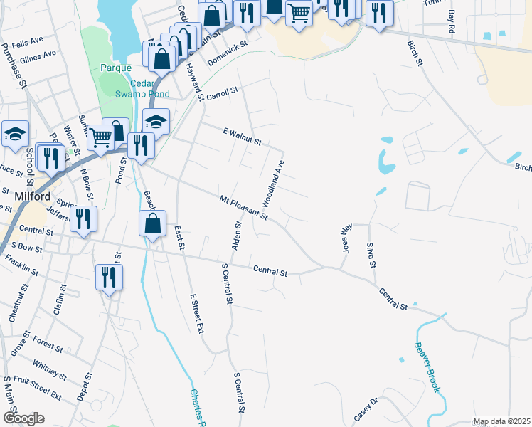 map of restaurants, bars, coffee shops, grocery stores, and more near 118 Woodland Avenue in Milford