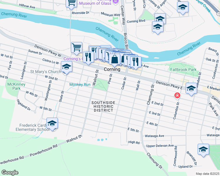map of restaurants, bars, coffee shops, grocery stores, and more near 162 Pine Street in Corning