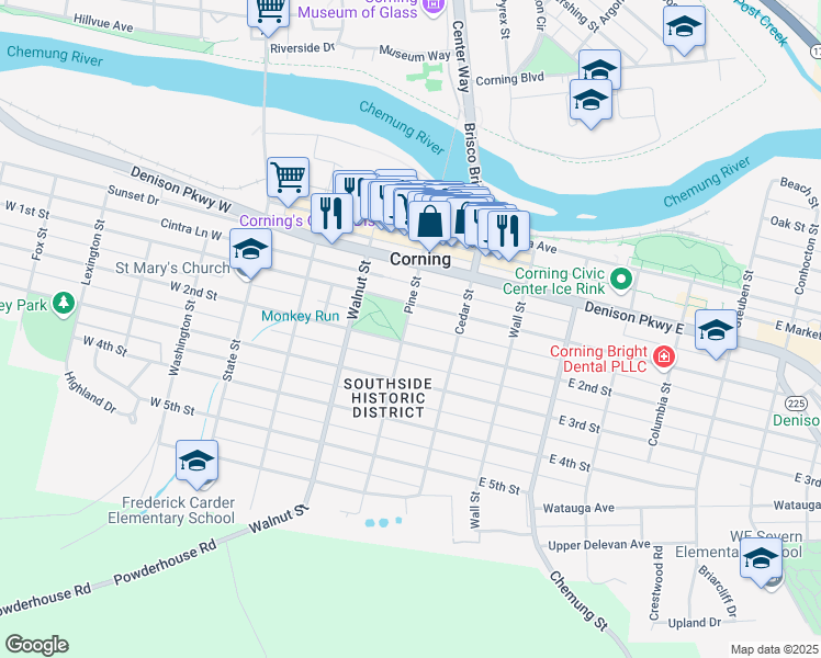 map of restaurants, bars, coffee shops, grocery stores, and more near 162 Pine Street in Corning