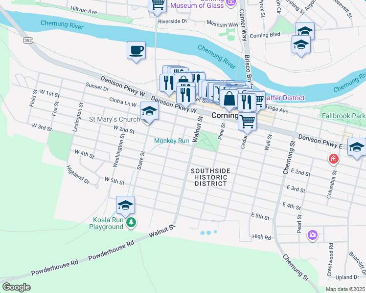map of restaurants, bars, coffee shops, grocery stores, and more near 59 West 2nd Street in Corning