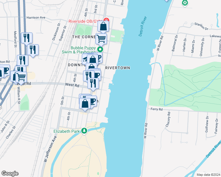 map of restaurants, bars, coffee shops, grocery stores, and more near 2761 Riverside Drive in Trenton
