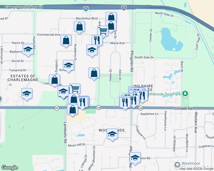 map of restaurants, bars, coffee shops, grocery stores, and more near 640 Helen Drive in Northbrook