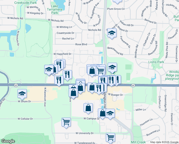 map of restaurants, bars, coffee shops, grocery stores, and more near 645 Grove Drive in Buffalo Grove