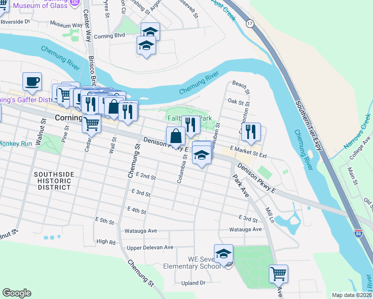map of restaurants, bars, coffee shops, grocery stores, and more near 103 Columbia Street in Corning