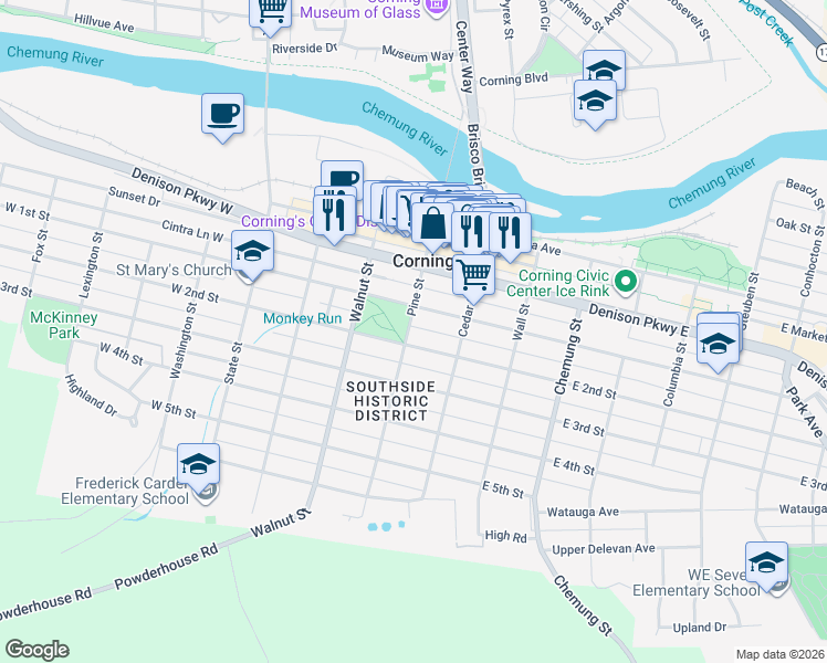 map of restaurants, bars, coffee shops, grocery stores, and more near 162 Pine Street in Corning