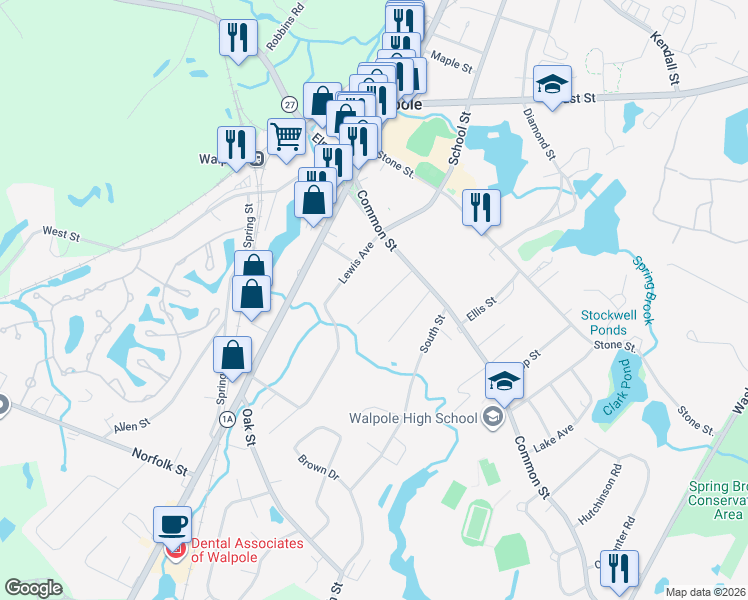 map of restaurants, bars, coffee shops, grocery stores, and more near 43 Riverside Place in Walpole