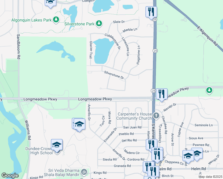 map of restaurants, bars, coffee shops, grocery stores, and more near 1407 Silverstone Drive in Carpentersville