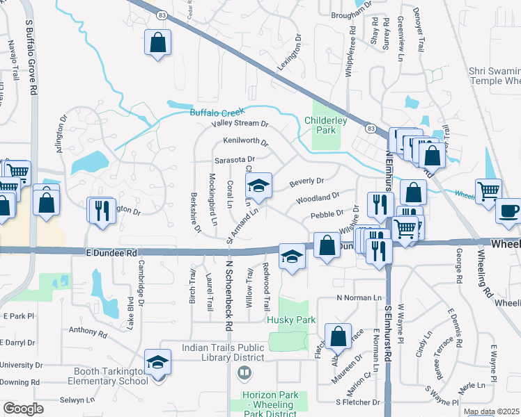 map of restaurants, bars, coffee shops, grocery stores, and more near 51 Saint Armand Lane in Wheeling
