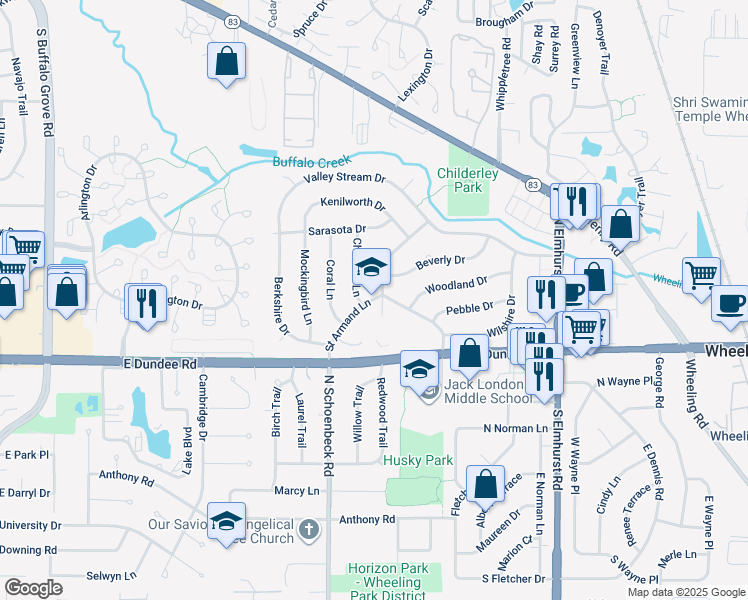 map of restaurants, bars, coffee shops, grocery stores, and more near 51 Saint Armand Lane in Wheeling