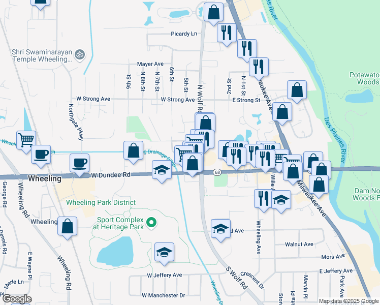 map of restaurants, bars, coffee shops, grocery stores, and more near 30 6th Street in Wheeling
