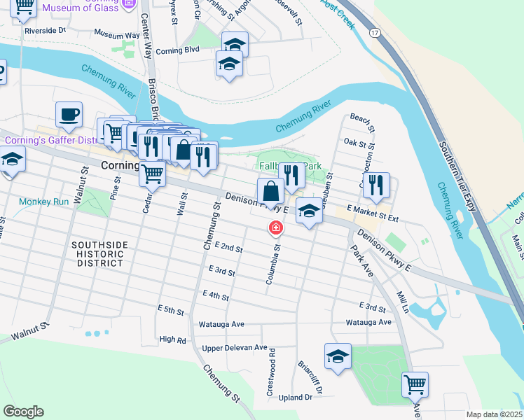 map of restaurants, bars, coffee shops, grocery stores, and more near 218 Denison Parkway East in Corning