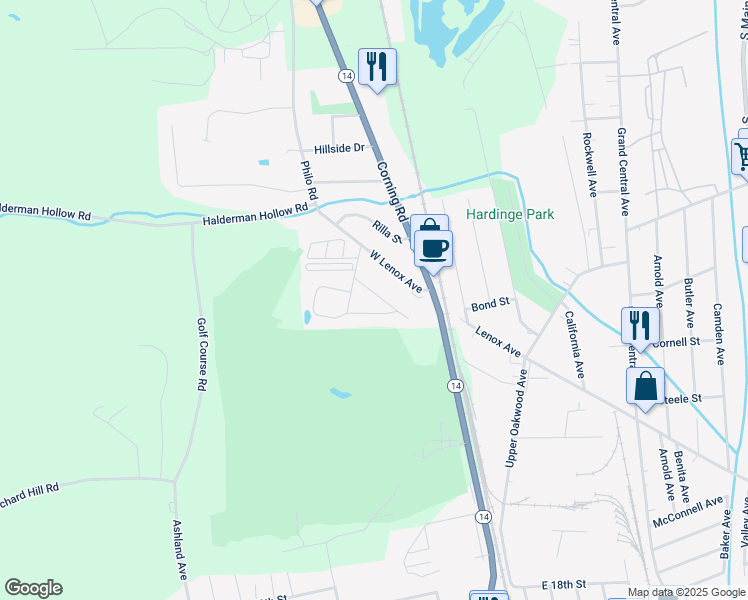 map of restaurants, bars, coffee shops, grocery stores, and more near 110 East Bennett Circle in Elmira