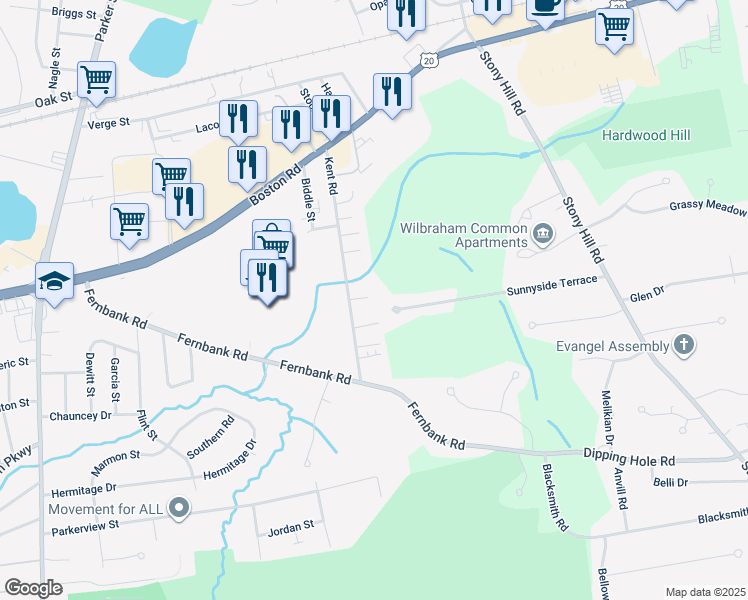 map of restaurants, bars, coffee shops, grocery stores, and more near 29 Waterford Circle in Springfield