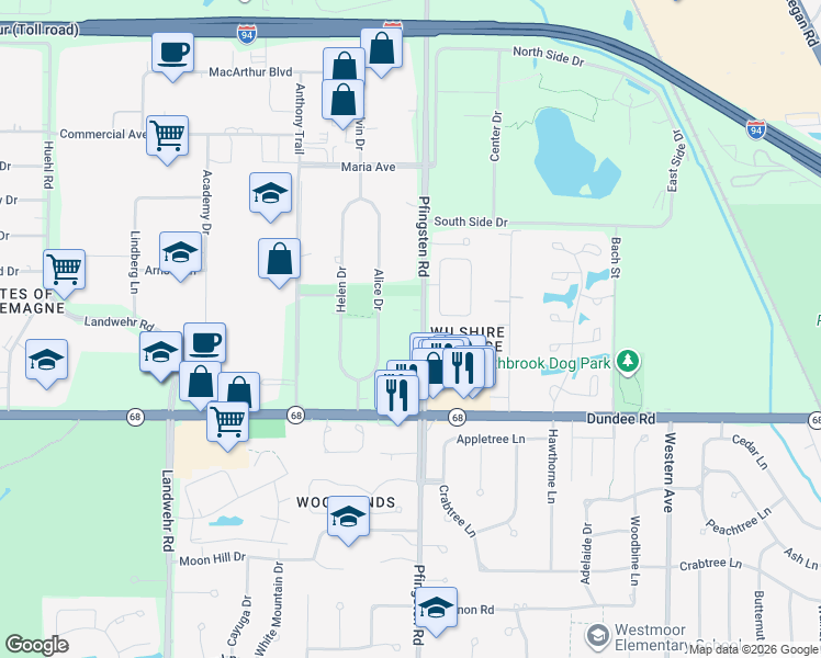 map of restaurants, bars, coffee shops, grocery stores, and more near 654 Pfingsten Road in Northbrook