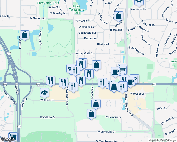 map of restaurants, bars, coffee shops, grocery stores, and more near 800 West Dundee Road in Arlington Heights