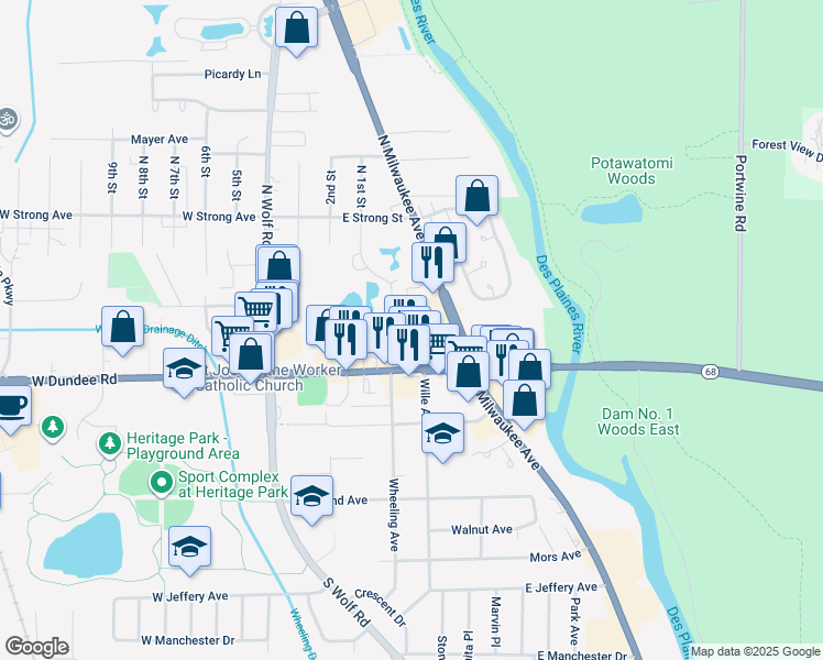 map of restaurants, bars, coffee shops, grocery stores, and more near 100 North Milwaukee Avenue in Wheeling