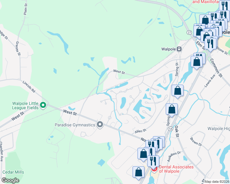 map of restaurants, bars, coffee shops, grocery stores, and more near 20 Heron Circle in Walpole