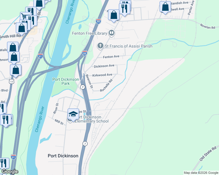 map of restaurants, bars, coffee shops, grocery stores, and more near 28 Rochelle Road in Binghamton
