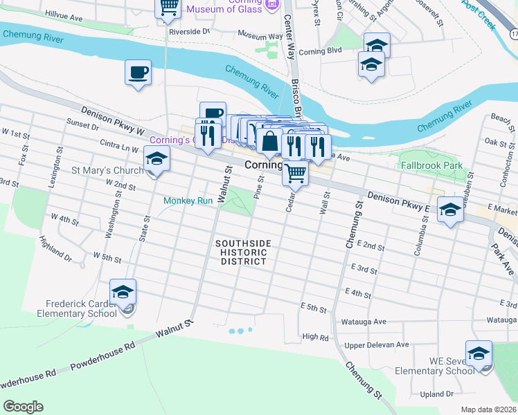 map of restaurants, bars, coffee shops, grocery stores, and more near 162 Pine Street in Corning