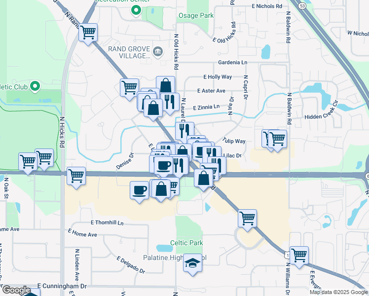 map of restaurants, bars, coffee shops, grocery stores, and more near 1719 North Rand Road in Palatine