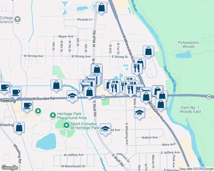 map of restaurants, bars, coffee shops, grocery stores, and more near 100 Deborah Lane in Wheeling