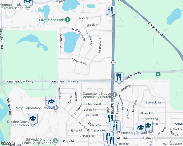 map of restaurants, bars, coffee shops, grocery stores, and more near 2427 Silverstone Drive in Carpentersville