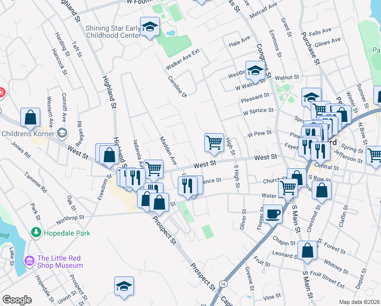 map of restaurants, bars, coffee shops, grocery stores, and more near 12 Union Street in Milford