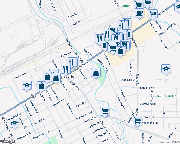 map of restaurants, bars, coffee shops, grocery stores, and more near 3614 Fremont Street in Erie