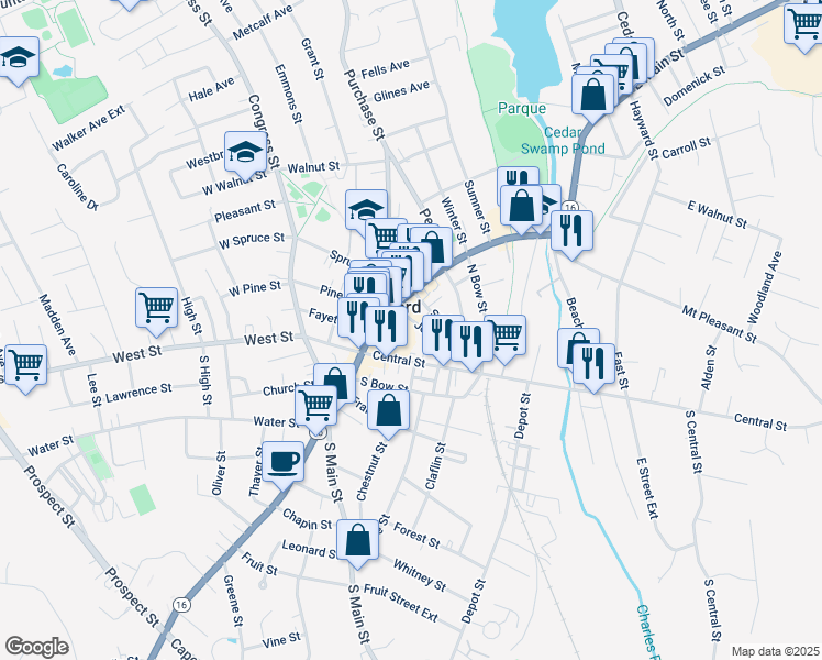 map of restaurants, bars, coffee shops, grocery stores, and more near in Milford