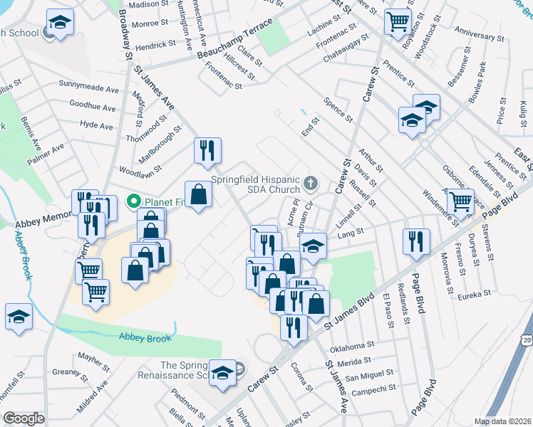map of restaurants, bars, coffee shops, grocery stores, and more near 30 French Street in Springfield