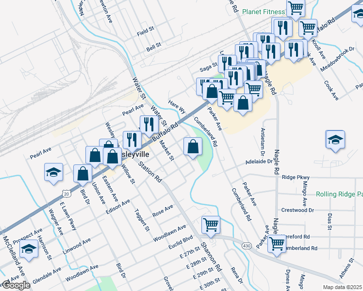 map of restaurants, bars, coffee shops, grocery stores, and more near 3614 Fremont Street in Erie